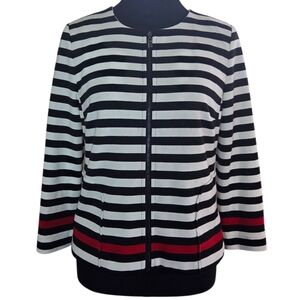 Laundry By Shelli Segal Black and White Striped Zippered Cardigan Ans Red Trim 6